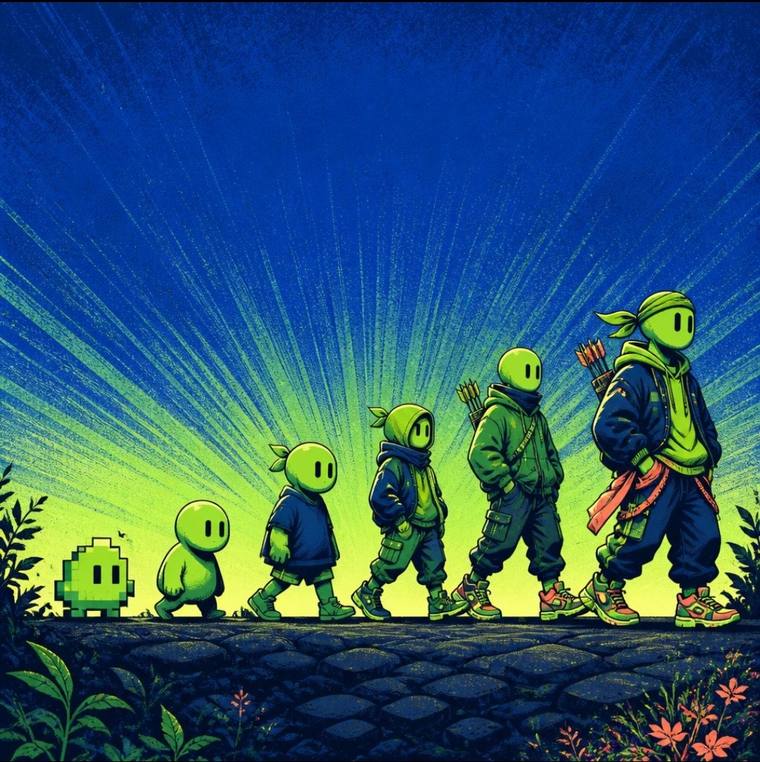 A group of characters evolving into confident collectors
